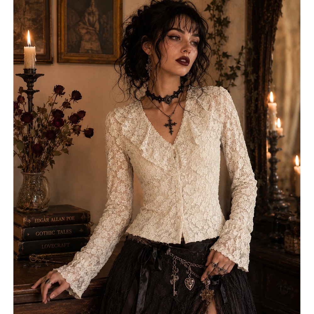 Michi Collection 90s Cream Floral Lace Ruffle Neck‎ Button Front Blouse